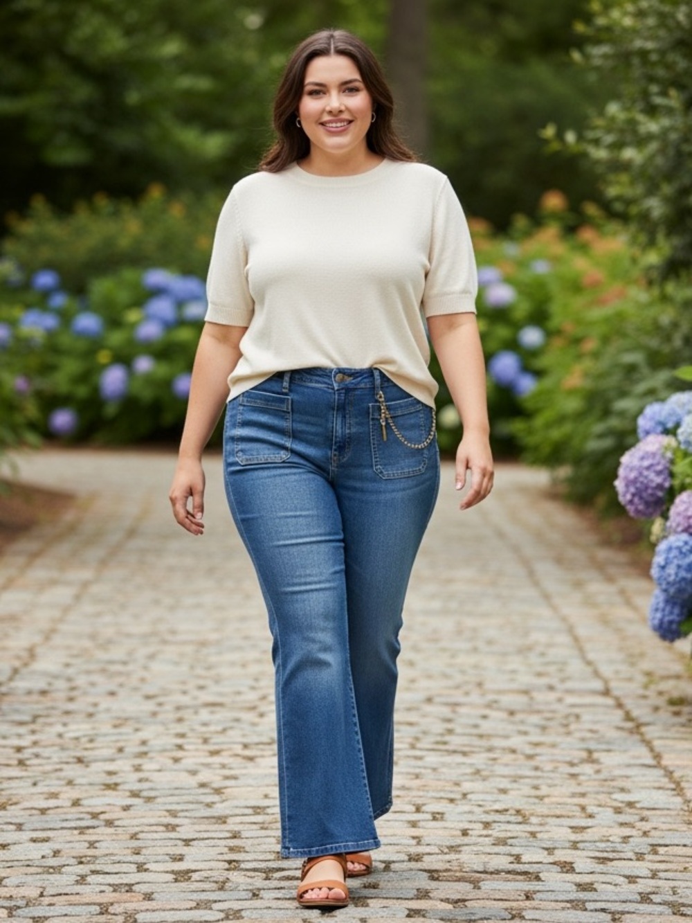 Lauren Ralph Lauren gold chain-trim high-rise flare jeans in a blue wash - Picture 2 of 7